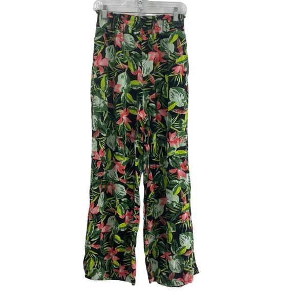 New Look Green & Pink Women's Tropical Floral Linen Ankle Pants S - Preowned - Picture 1 of 5